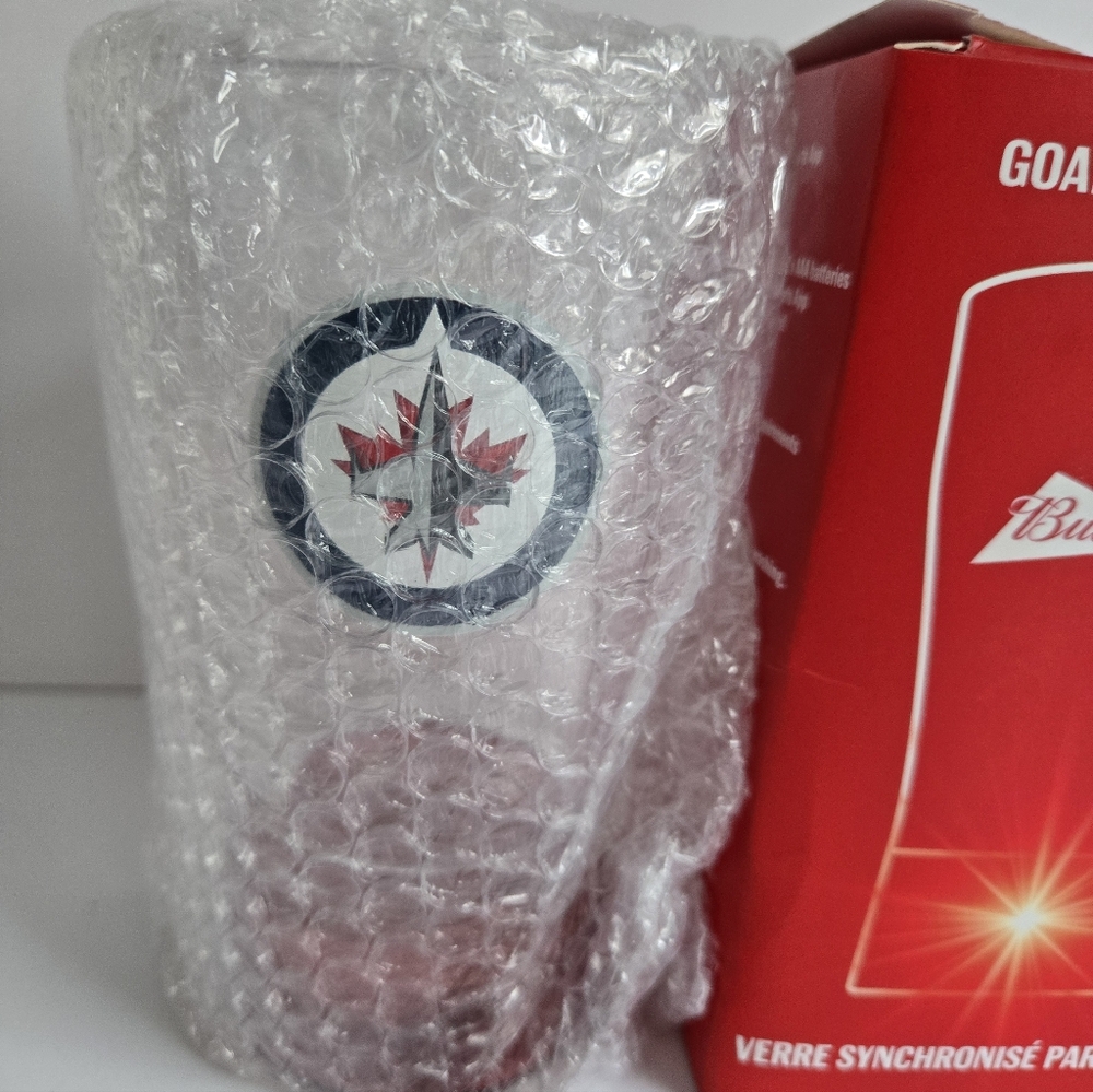 ADVERTISING BUDWEISER BEER & JETS HOCKEY DRINKING GLASS - Picture 2 of 9